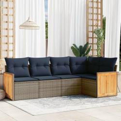 Ensemble de canap&eacute; de jardin 5 pcs avec coussins gris r&eacute;sine tress&eacute;e