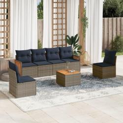 Ensemble de canap&eacute; de jardin 7 pcs avec coussins gris r&eacute;sine tress&eacute;e