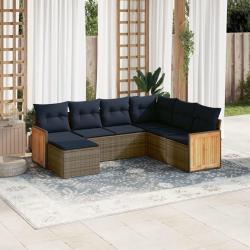 Ensemble de canap&eacute; de jardin 7 pcs avec coussins gris r&eacute;sine tress&eacute;e