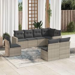 Salon de jardin 8 pcs avec coussins gris clair r&eacute;sine tress&eacute;e
