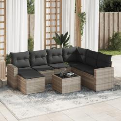 Salon de jardin 8 pcs avec coussins gris clair r&eacute;sine tress&eacute;e