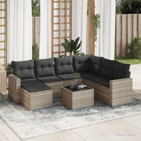 Salon de jardin 8 pcs avec coussins gris clair r�sine tress�e
