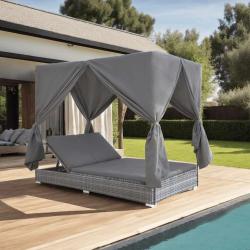 Chaise longue d'ext&eacute;rieur avec rideaux R&eacute;sine tress&eacute;e Gris