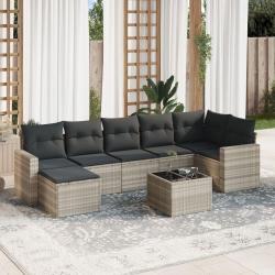 Salon de jardin 8 pcs avec coussins gris clair r&eacute;sine tress&eacute;e