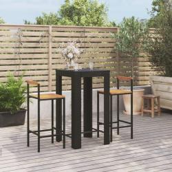 Ensemble de bar jardin 3 pcs noir poly rotin/bois massif acacia