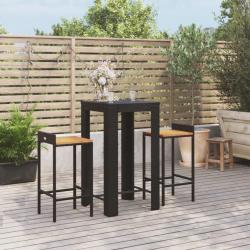 Ensemble de bar jardin 3 pcs noir poly rotin/bois massif acacia