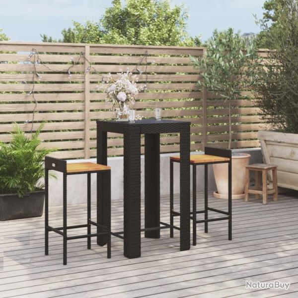 Ensemble de bar jardin 3 pcs noir poly rotin/bois massif acacia