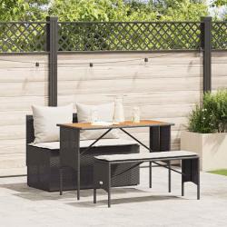 Ensemble de salle &agrave; manger de jardin 3 pcs avec coussins noir r&eacute;sine tress&eacute;e