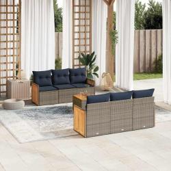 Ensemble de canap&eacute; de jardin 7 pcs avec coussins gris r&eacute;sine tress&eacute;e