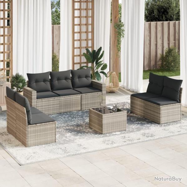 Salon de jardin 8 pcs avec coussins gris clair r�sine tress�e