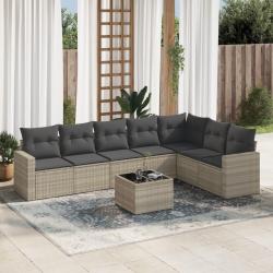 Salon de jardin 8 pcs avec coussins gris clair r&eacute;sine tress&eacute;e