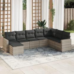 Salon de jardin 8 pcs avec coussins gris clair r&eacute;sine tress&eacute;e