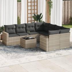 Salon de jardin 9 pcs avec coussins gris clair r&eacute;sine tress&eacute;e