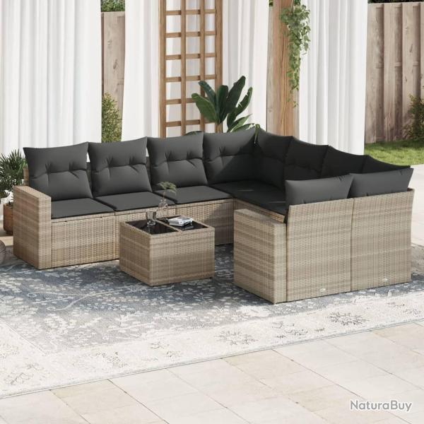 Salon de jardin 9 pcs avec coussins gris clair r�sine tress�e