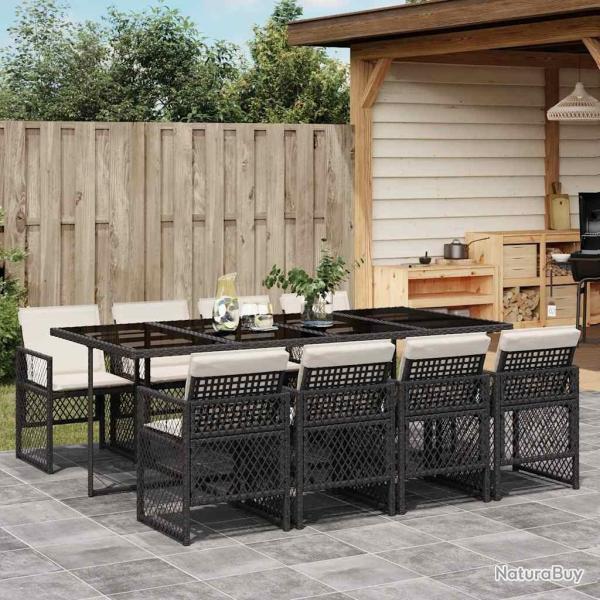 Ensemble � manger de jardin 9pcs coussins noir r�sine tress�e