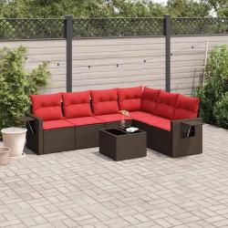 Ensemble de canap&eacute; de jardin 7 pcs avec coussins marron r&eacute;sine tress&eacute;e