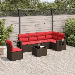 Ensemble de canap&eacute; de jardin 7 pcs avec coussins marron r&eacute;sine tress&eacute;e