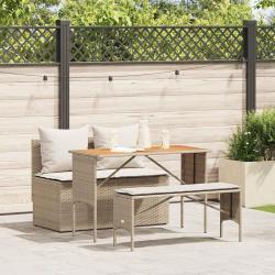 Ensemble de salle &agrave; manger de jardin 3 pcs avec coussins beige r&eacute;sine tress&eacute;e