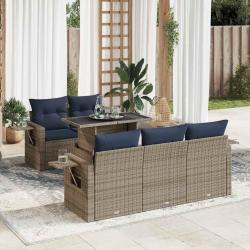Salon de jardin 6 pcs avec coussins gris r&eacute;sine tress&eacute;e