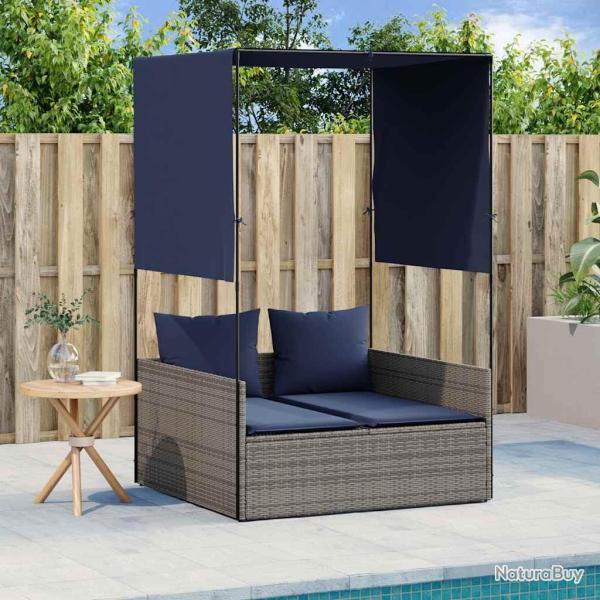 Transat double avec toit et rideaux gris r�sine tress�e