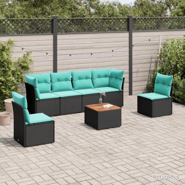 Salon de jardin 7 pcs avec coussins noir r�sine tress�e