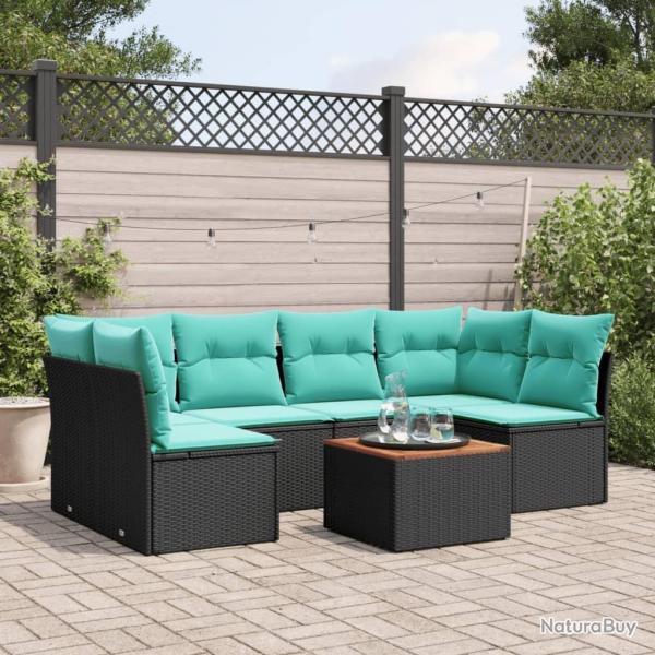 Salon de jardin 7 pcs avec coussins noir r�sine tress�e