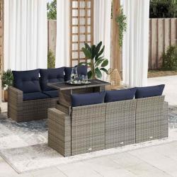 Salon de jardin avec coussins 7 pcs gris r&eacute;sine tress&eacute;e acacia