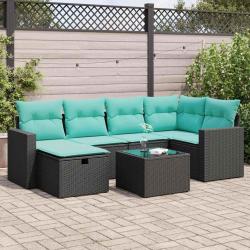 Salon de jardin 7 pcs avec coussins noir r&eacute;sine tress&eacute;e