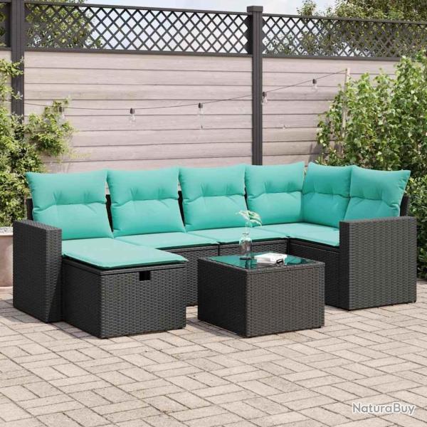 Salon de jardin 7 pcs avec coussins noir r�sine tress�e