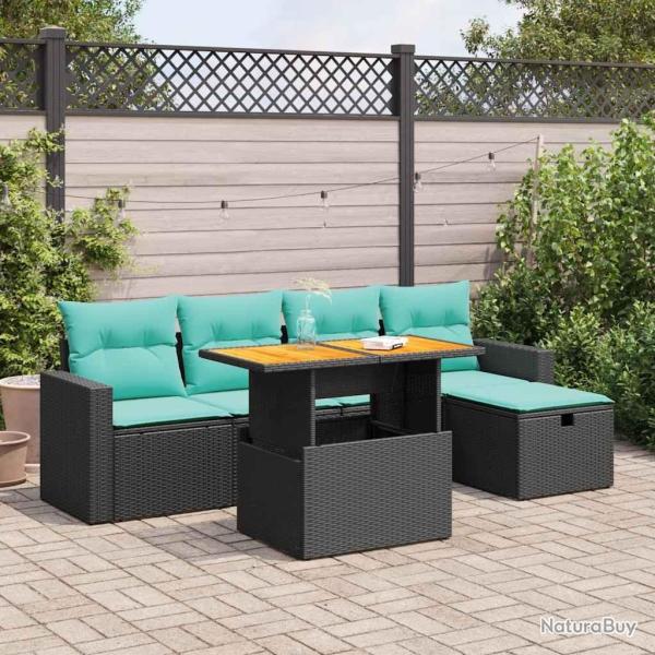 Salon de jardin 6 pcs avec coussins noir r�sine tress�e acacia