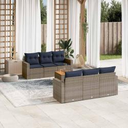 Salon de jardin 7 pcs avec coussins gris r&eacute;sine tress&eacute;e