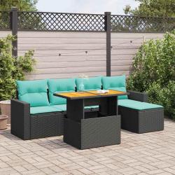 Salon de jardin 6 pcs avec coussins noir r&eacute;sine tress&eacute;e