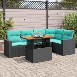 Salon de jardin 6 pcs avec coussins noir r&eacute;sine tress&eacute;e