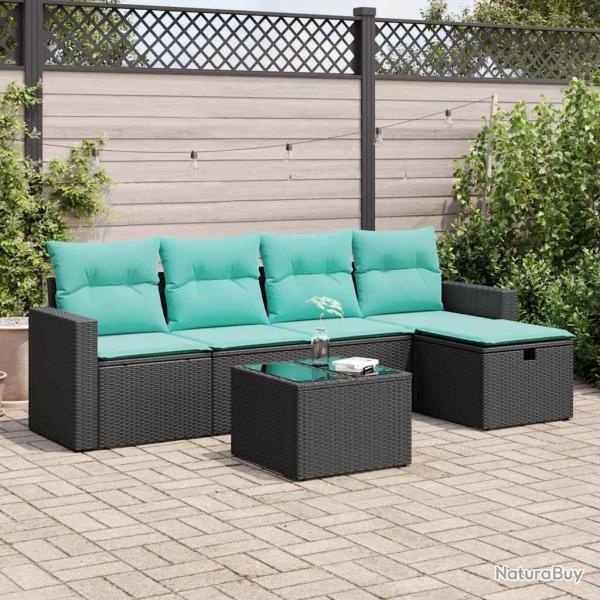 Salon de jardin 6 pcs avec coussins noir r�sine tress�e