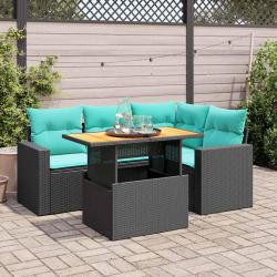 Salon de jardin 5 pcs avec coussins noir r&eacute;sine tress&eacute;e