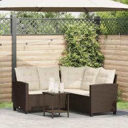 Canap&eacute; de jardin en L avec table et coussins marron r&eacute;sine tress&eacute;e