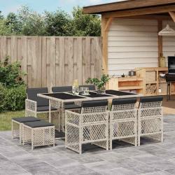 Ensemble &agrave; manger de jardin 11pcs avec coussins gris poly rotin