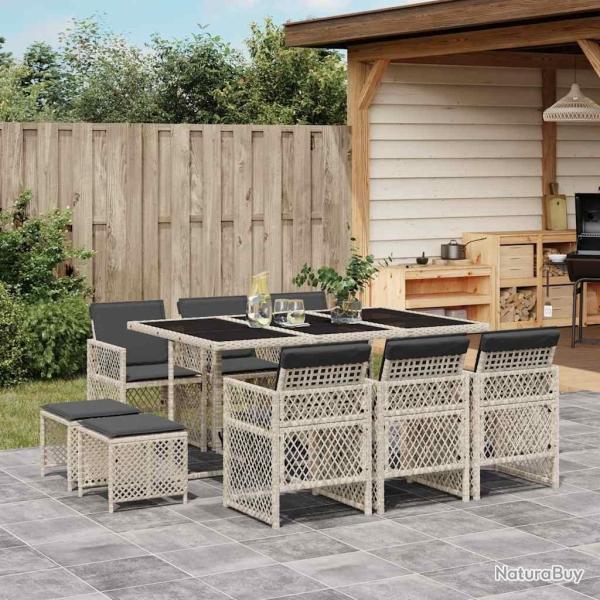 Ensemble � manger de jardin 11pcs avec coussins gris poly rotin