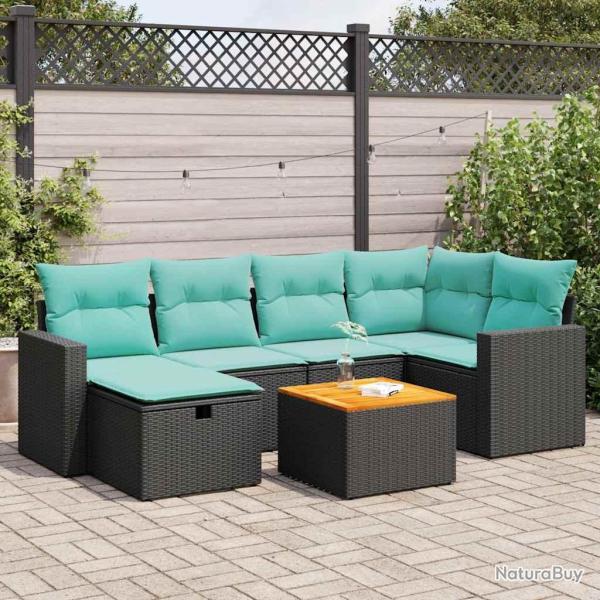 Salon de jardin 7 pcs avec coussins noir r�sine tress�e