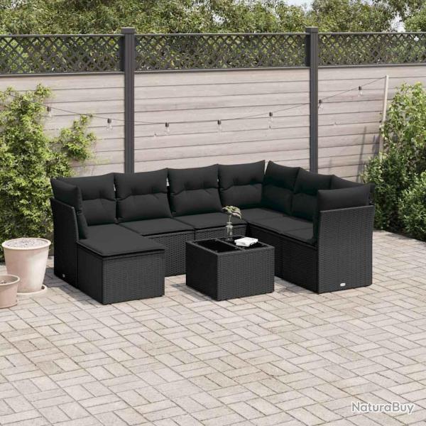 Salon de jardin 8 pcs avec coussins noir r�sine tress�e