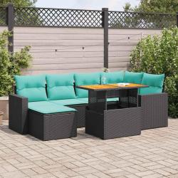 Salon de jardin 7 pcs avec coussins noir r&eacute;sine tress&eacute;e