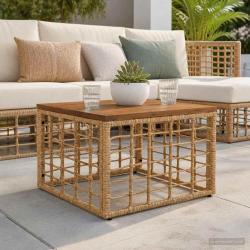 Table de Jardin Naturel 55 x 55 x 37 cm Rattan PE et Verre