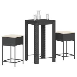 Ensemble de bar de jardin 3 pcs avec coussins noir poly rotin