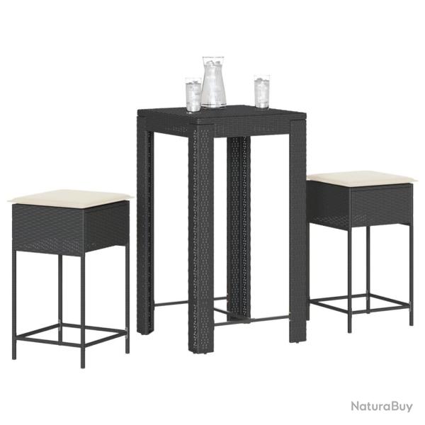 Ensemble de bar de jardin 3 pcs avec coussins noir poly rotin