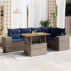 Salon de jardin 6 pcs avec coussins gris r&eacute;sine tress&eacute;e