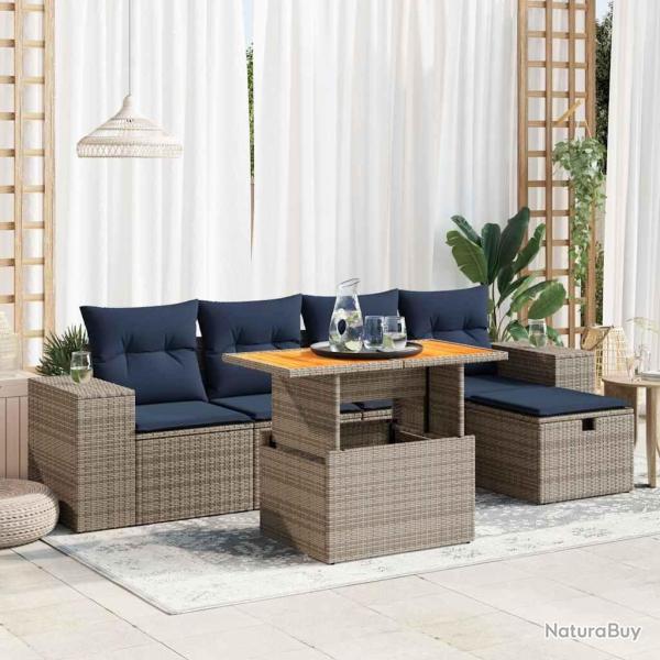 Salon de jardin 6 pcs avec coussins noir r�sine tress�e acacia