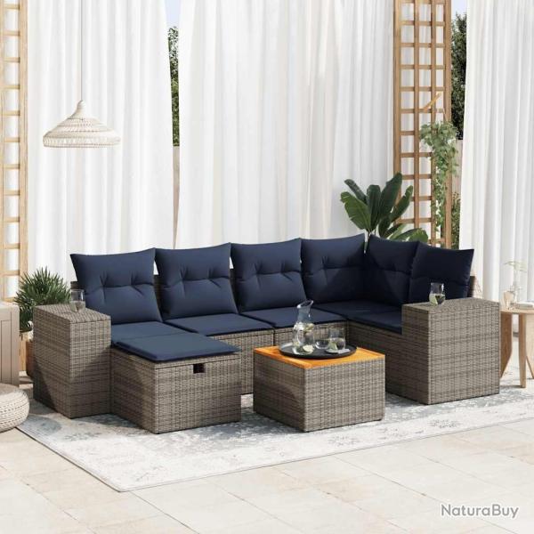 Salon de jardin avec coussins 7 pcs gris r�sine tress�e