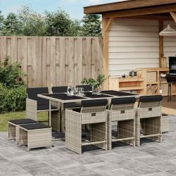 Ensemble &agrave; manger de jardin 11pcs avec coussins gris poly rotin