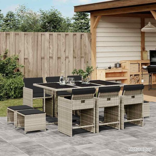Ensemble � manger de jardin 11pcs avec coussins gris poly rotin