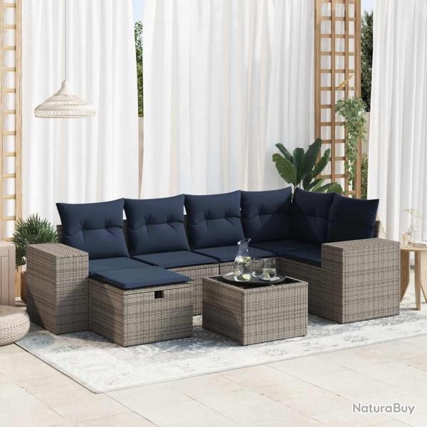 Salon de jardin avec coussins 7 pcs gris r�sine tress�e